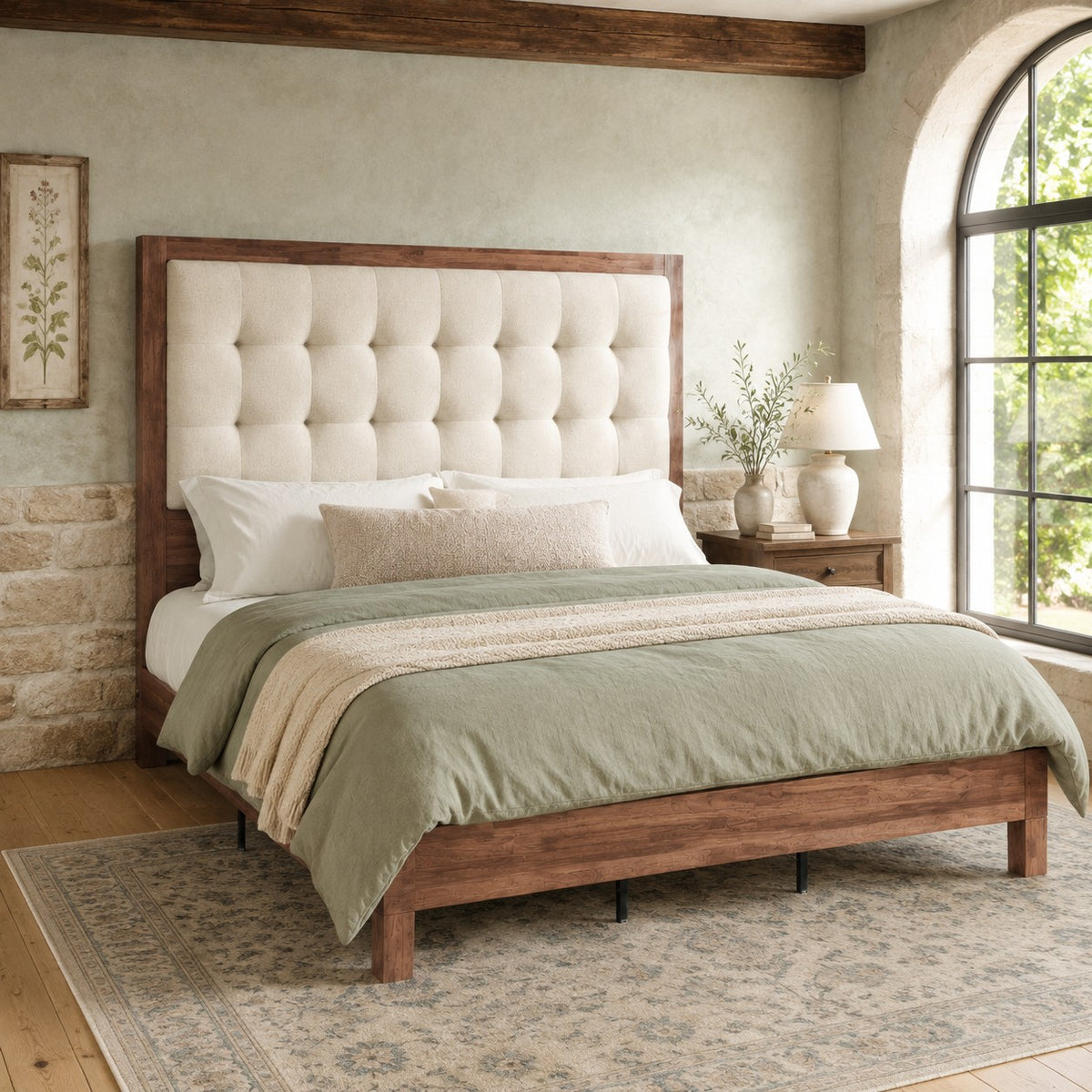 classic vintage solid wood bed frame upholstered headboard - Temu
