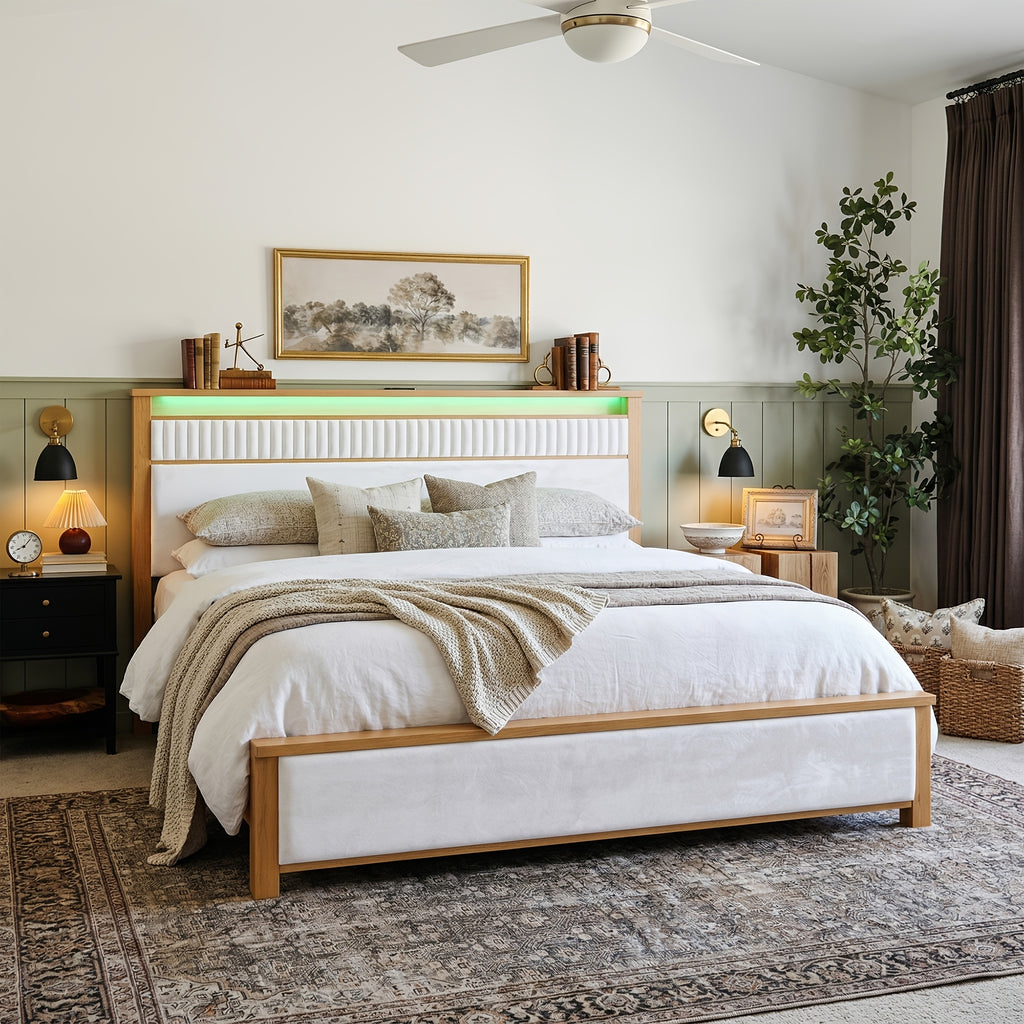 queen king solid wood bed frame led light usb a type c - Temu