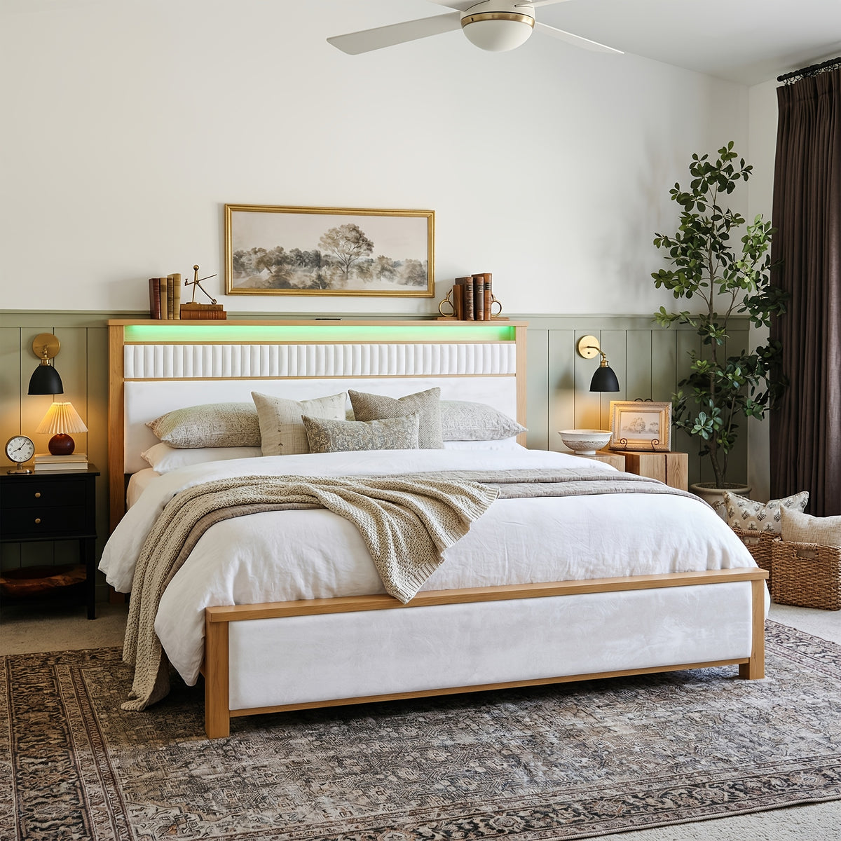queen king solid wood bed frame led light usb a type c - Temu