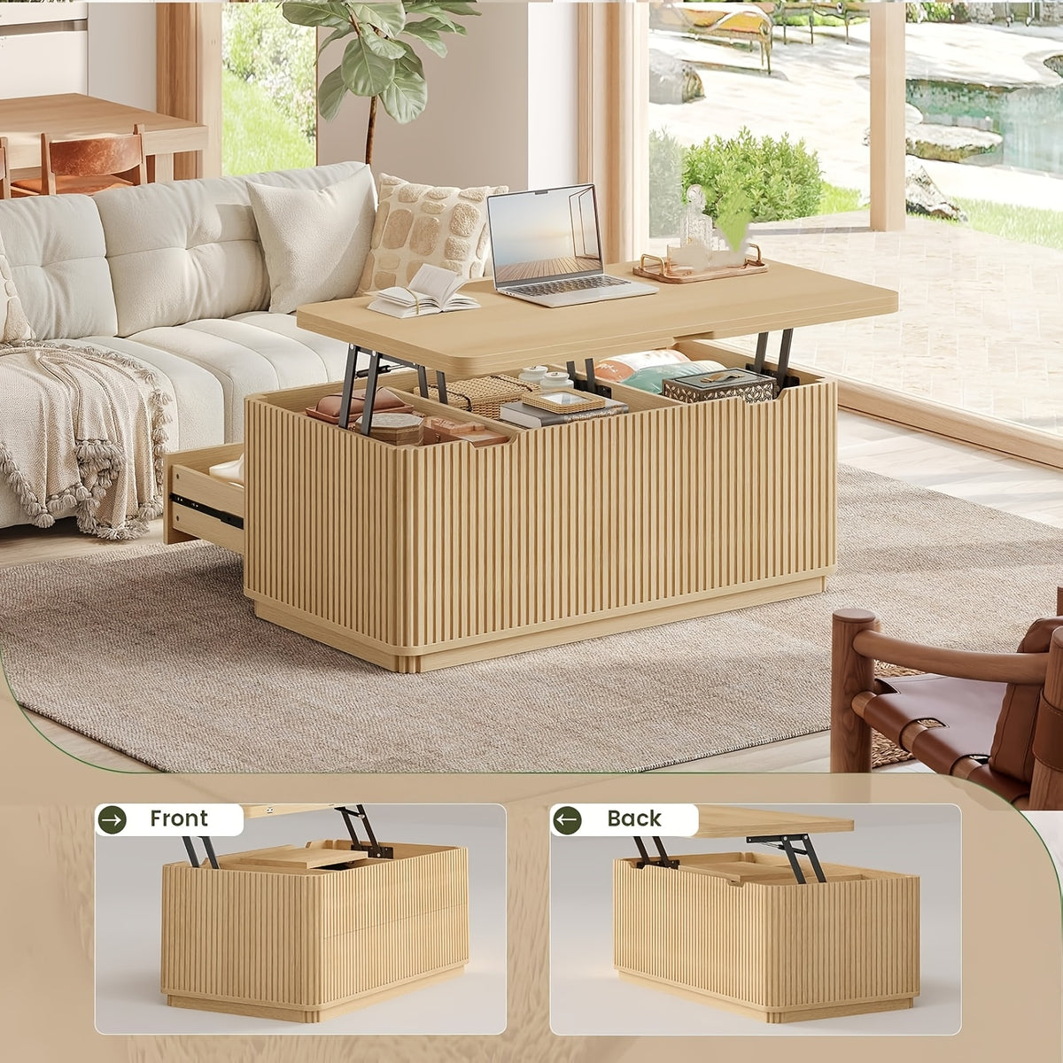 fluted lift top coffee table 2 drawers large hidden storage - Temu