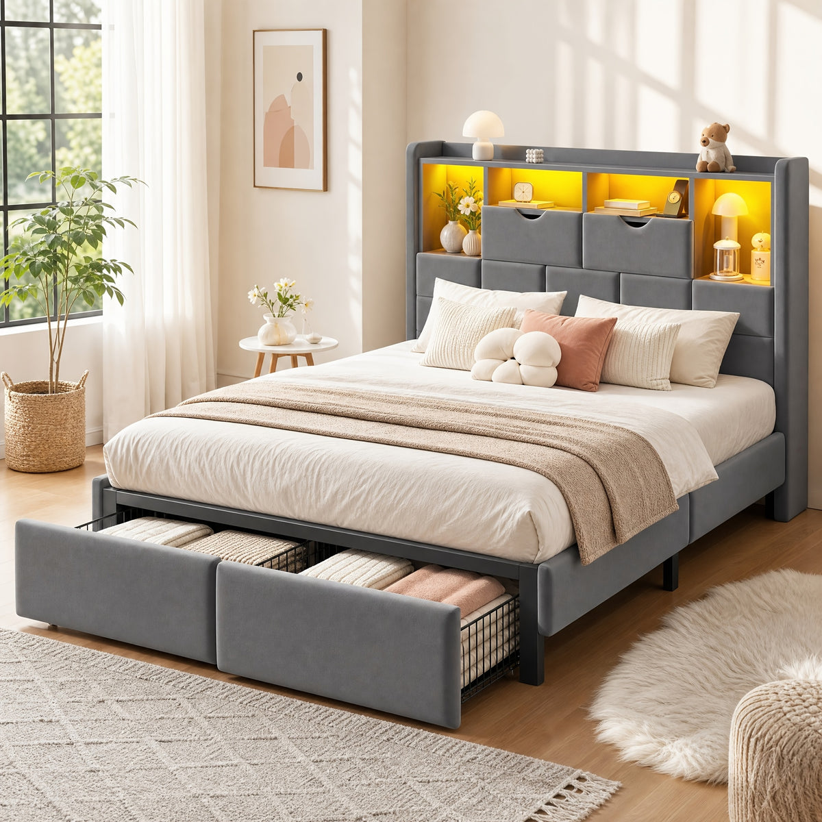 storage bed frame full queen king padded upholstered - Temu