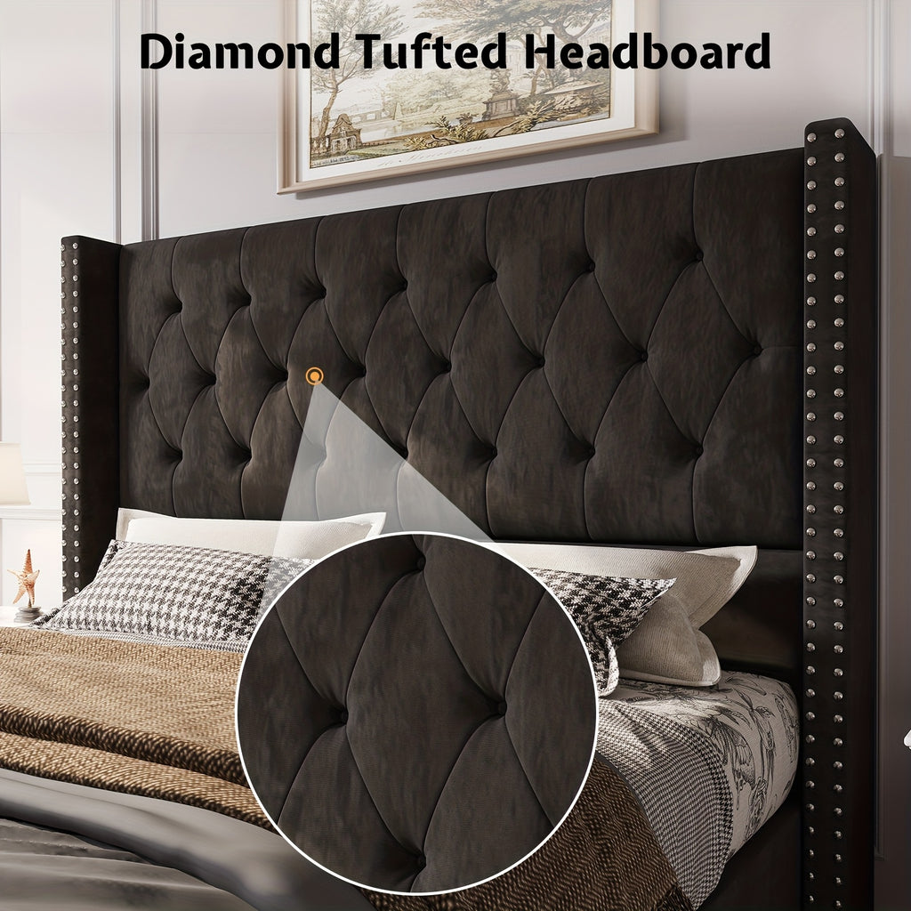 velvet upholstered bed frame wingback headboard no - Temu