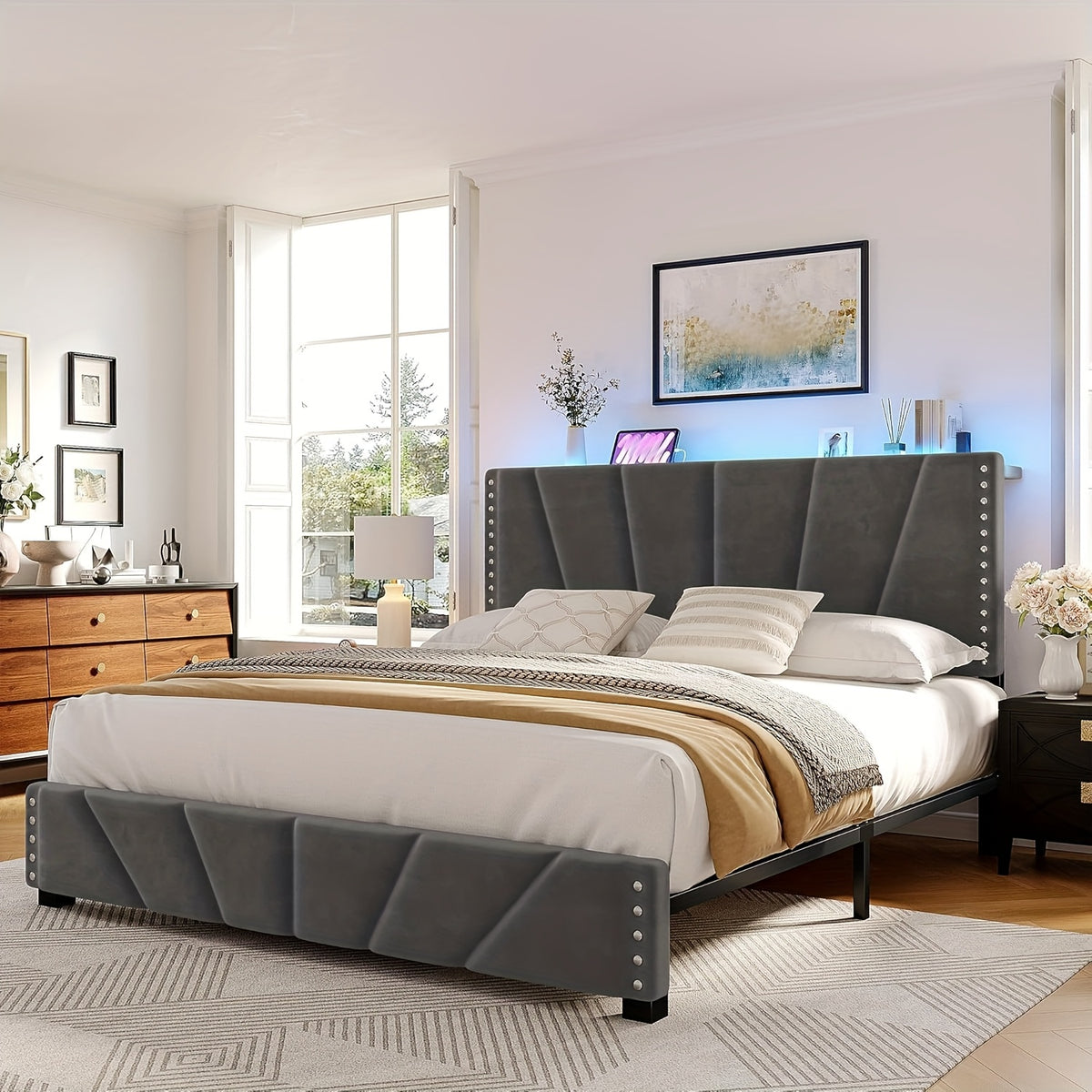 king queen size upholstered platform durable bed frame rgb - Temu