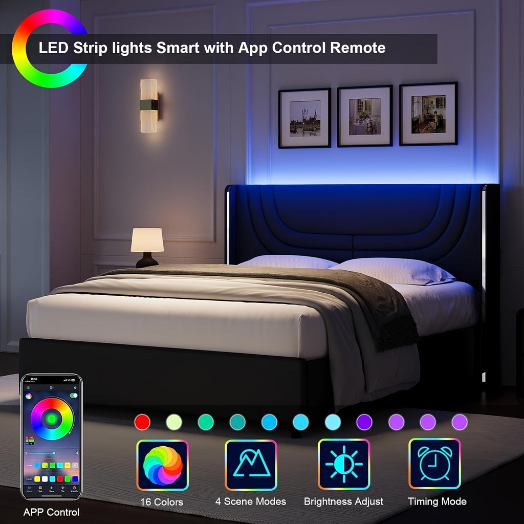 twin full queen size bed frame led lights faux leather - Temu