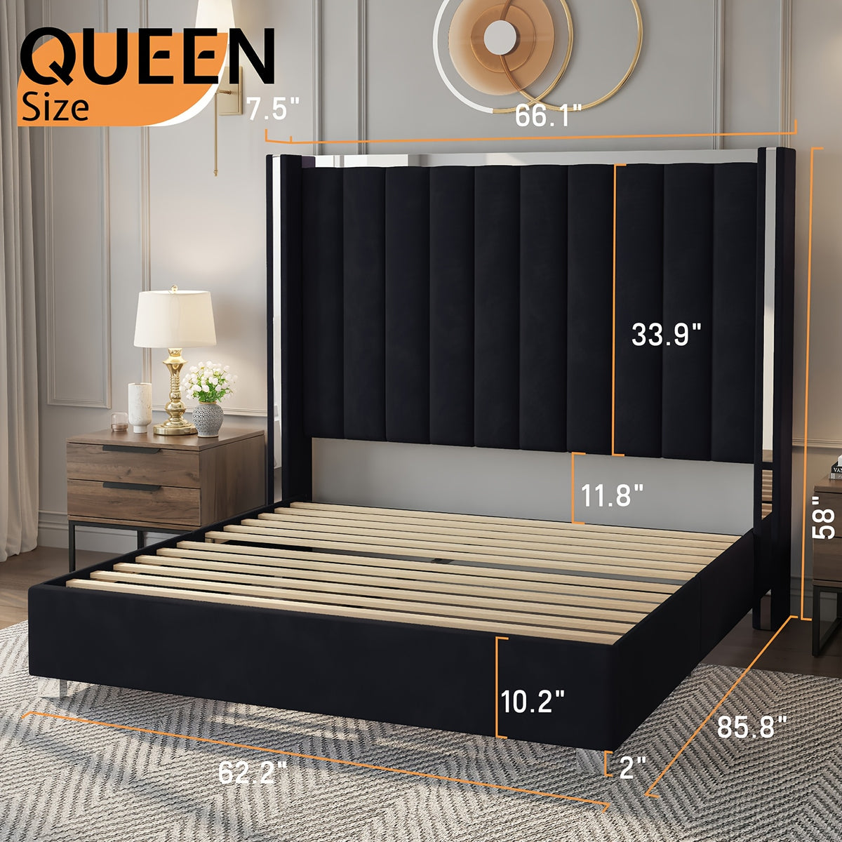 velvet upholstered platform bed 58 tall channel - Temu