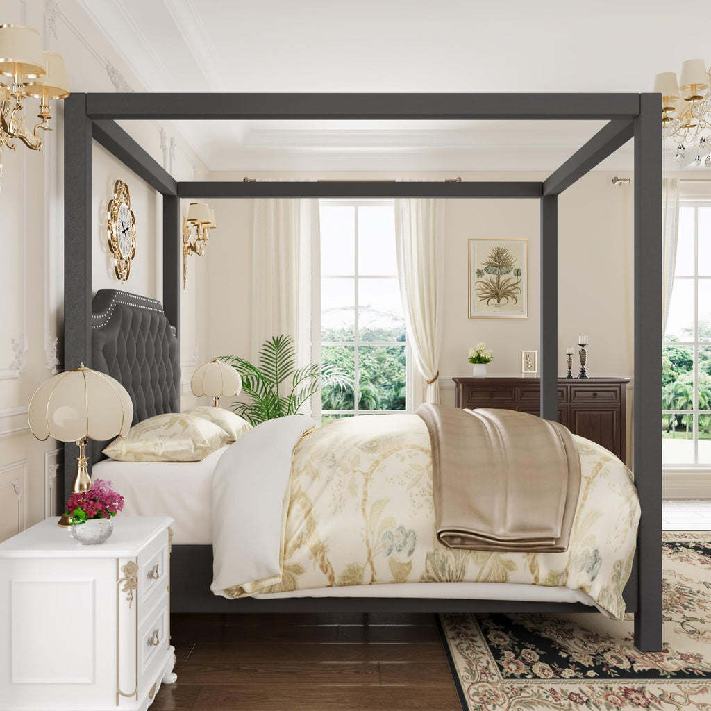 queen full size wingback upholstered canopy platform bed - Temu