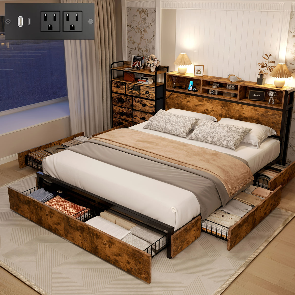 queen king bed   storage   drawers 1100lbs bed - Temu