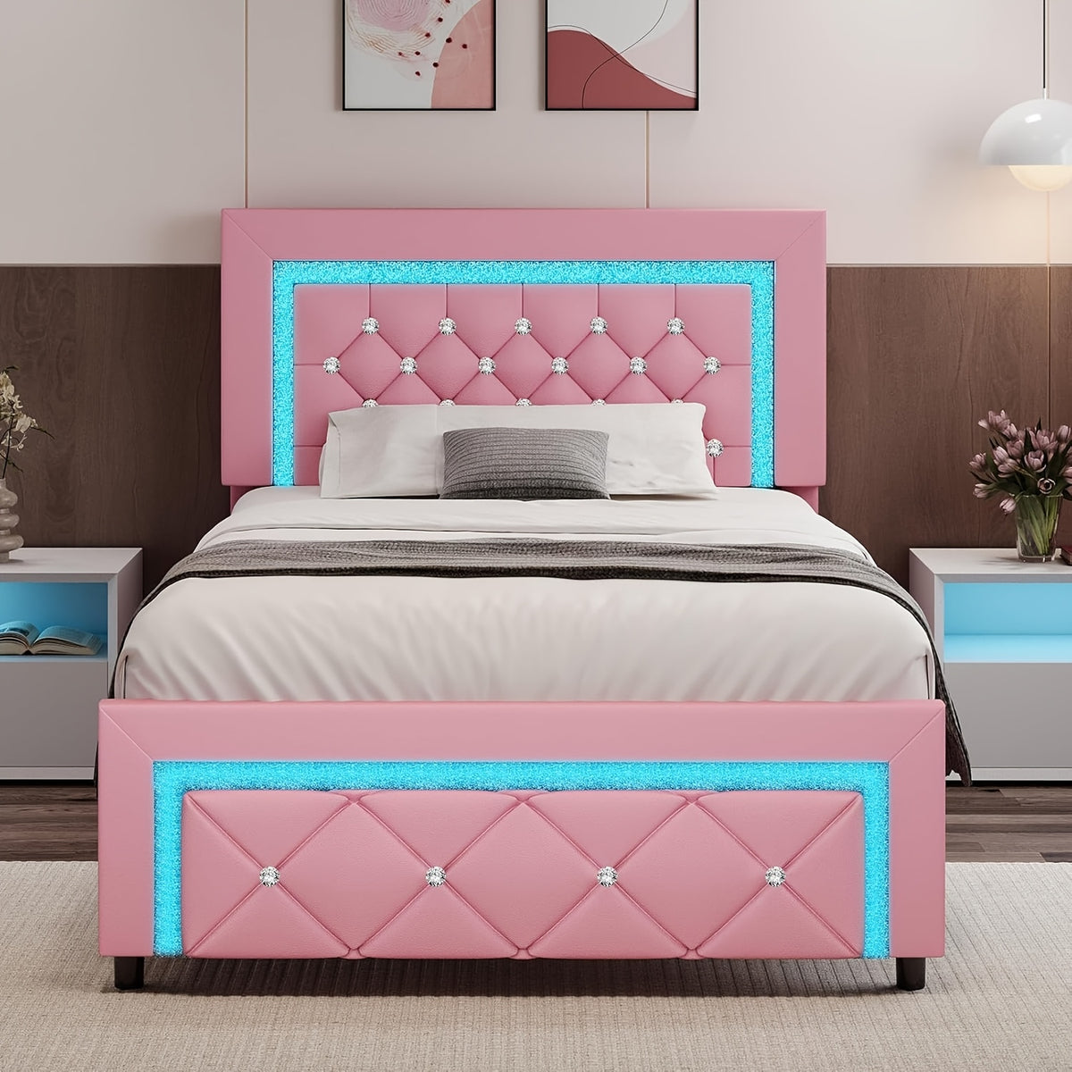 twin full queen bed frame led lights upholstered platform - Temu