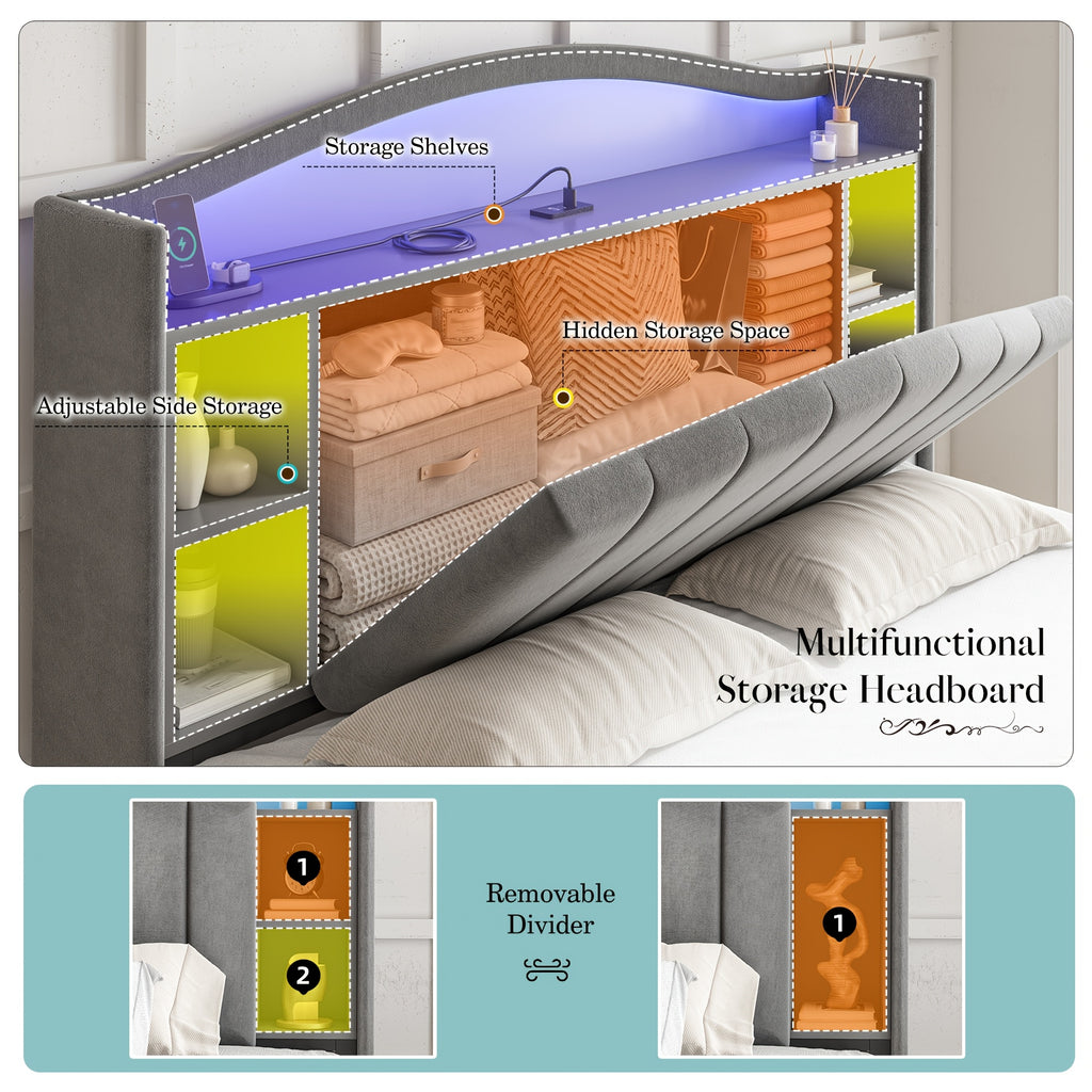 king queen full bed frame built in nightstand storage - Temu
