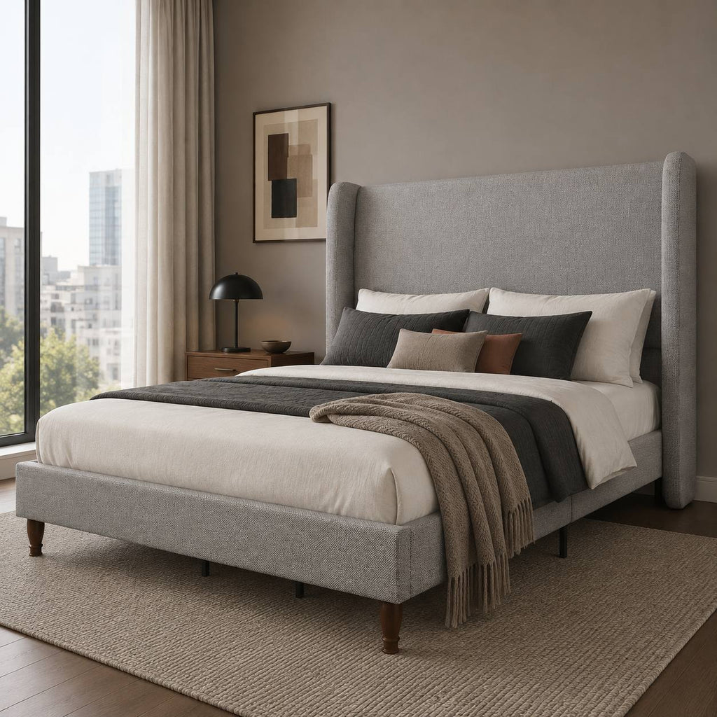 queen size linen upholstered bed frame soft wingback - Temu
