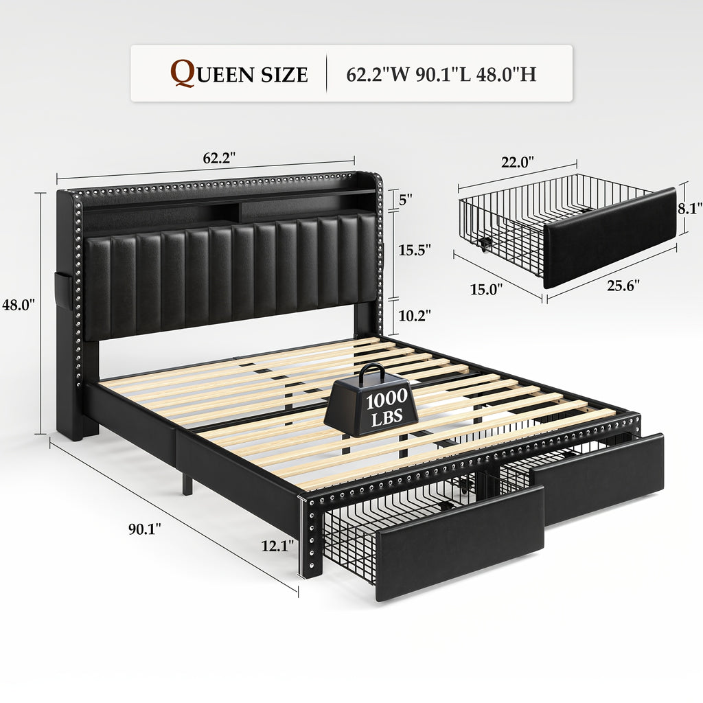 king size upholstered bed frame storage 2 tier headboard 2 - Temu
