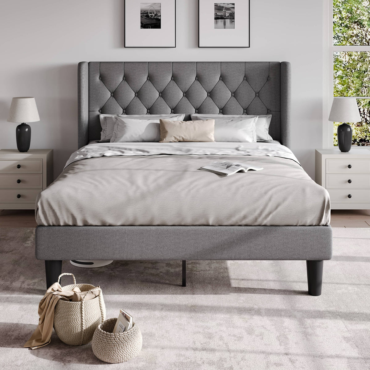 classic bed frame button tufted wingback headboard - Temu