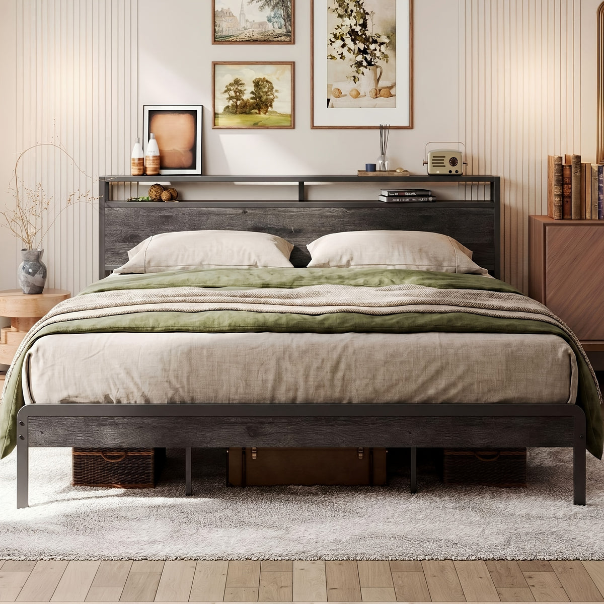 king size bed frame 2 tier storage shelf headboard - Temu
