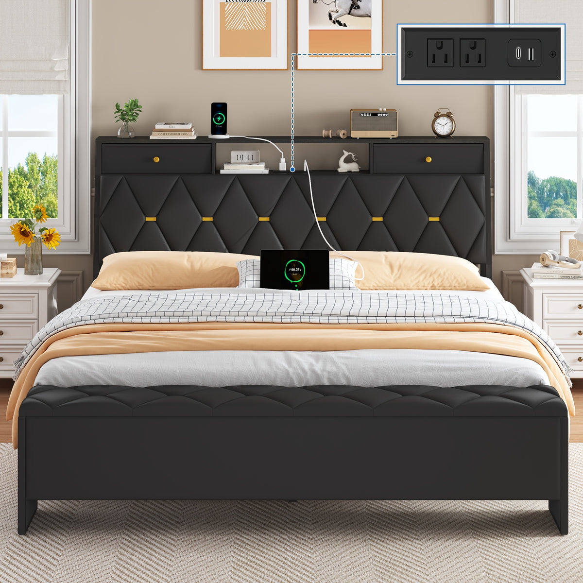 mraeer bed frame storage bench 2 drawers charging station no - Temu