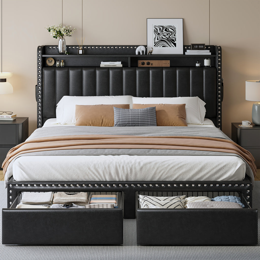 queen king size upholstered platform bed frame faux leather - Temu
