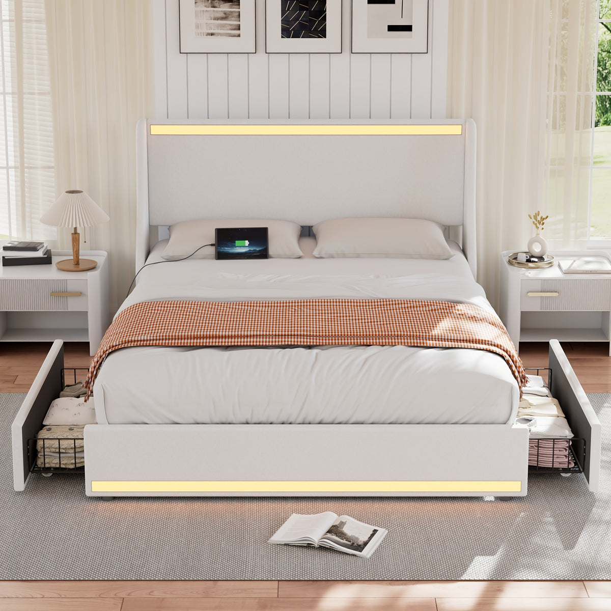 queen size bed frame storage drawers upholstered platform - Temu