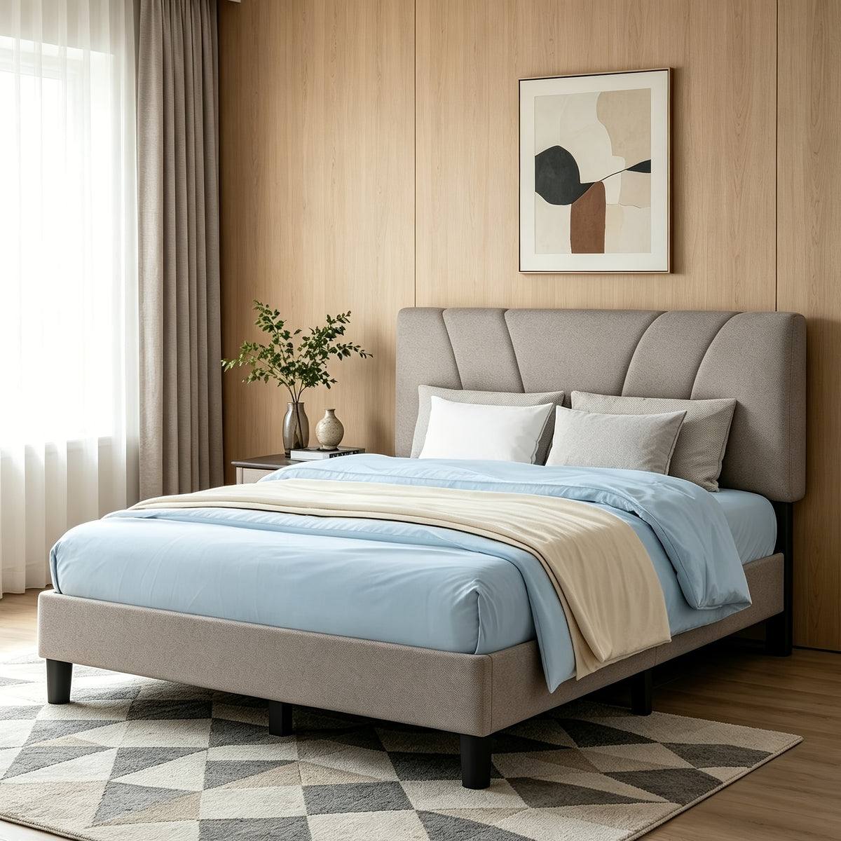 beige linen upholstered bed frame tufted headboard - Temu