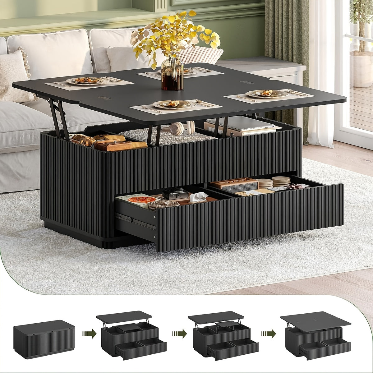 fluted lift top coffee table 2 drawers large hidden storage - Temu