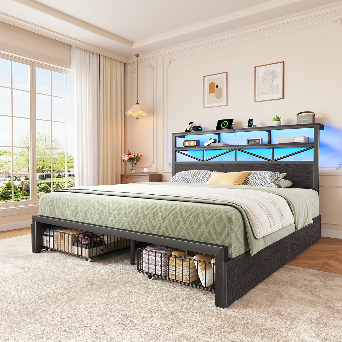 contemporary bed frame rgb led light convenient bedside 2u1c - Temu