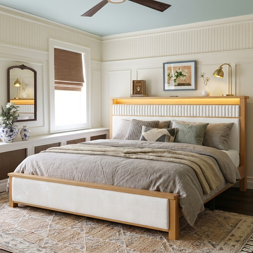queen king solid wood bed frame led light usb a type c - Temu