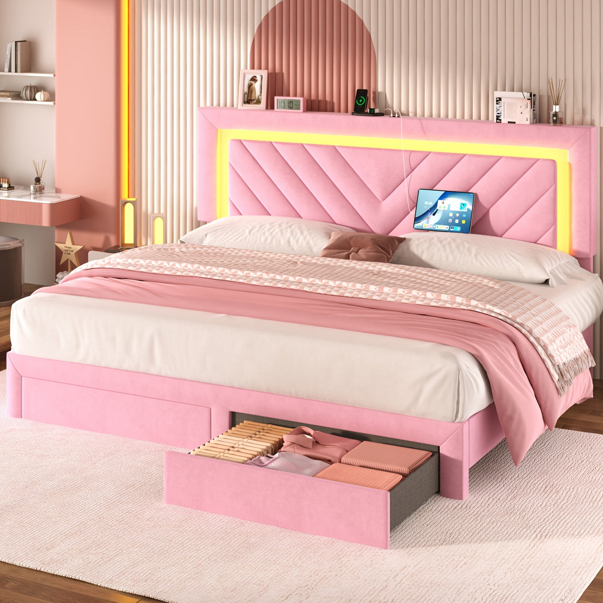pink bed frame led headboard charging station 2 storage - Temu