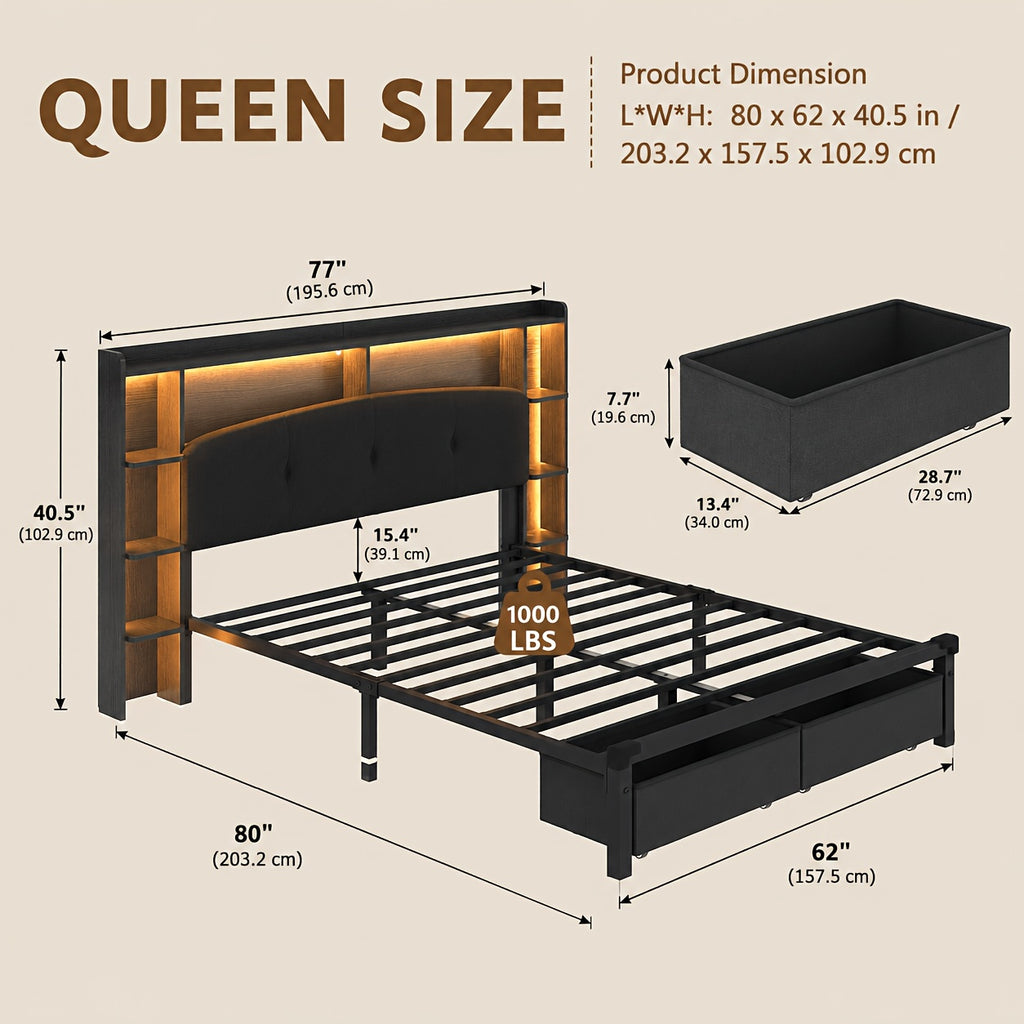 modern bed frame storage headboard 2 fabric drawers rgb led - Temu
