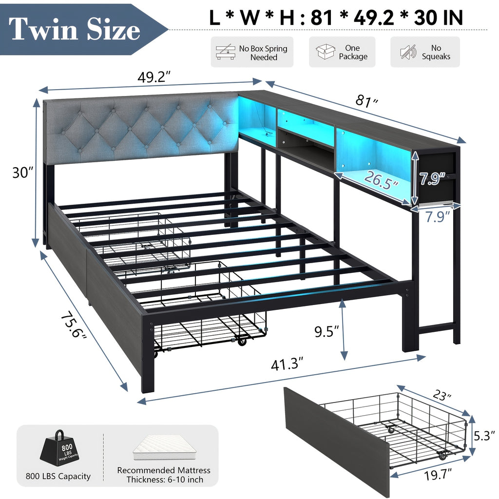 twin twin xl corner bed frame storage bookcase 2 drawers - Temu