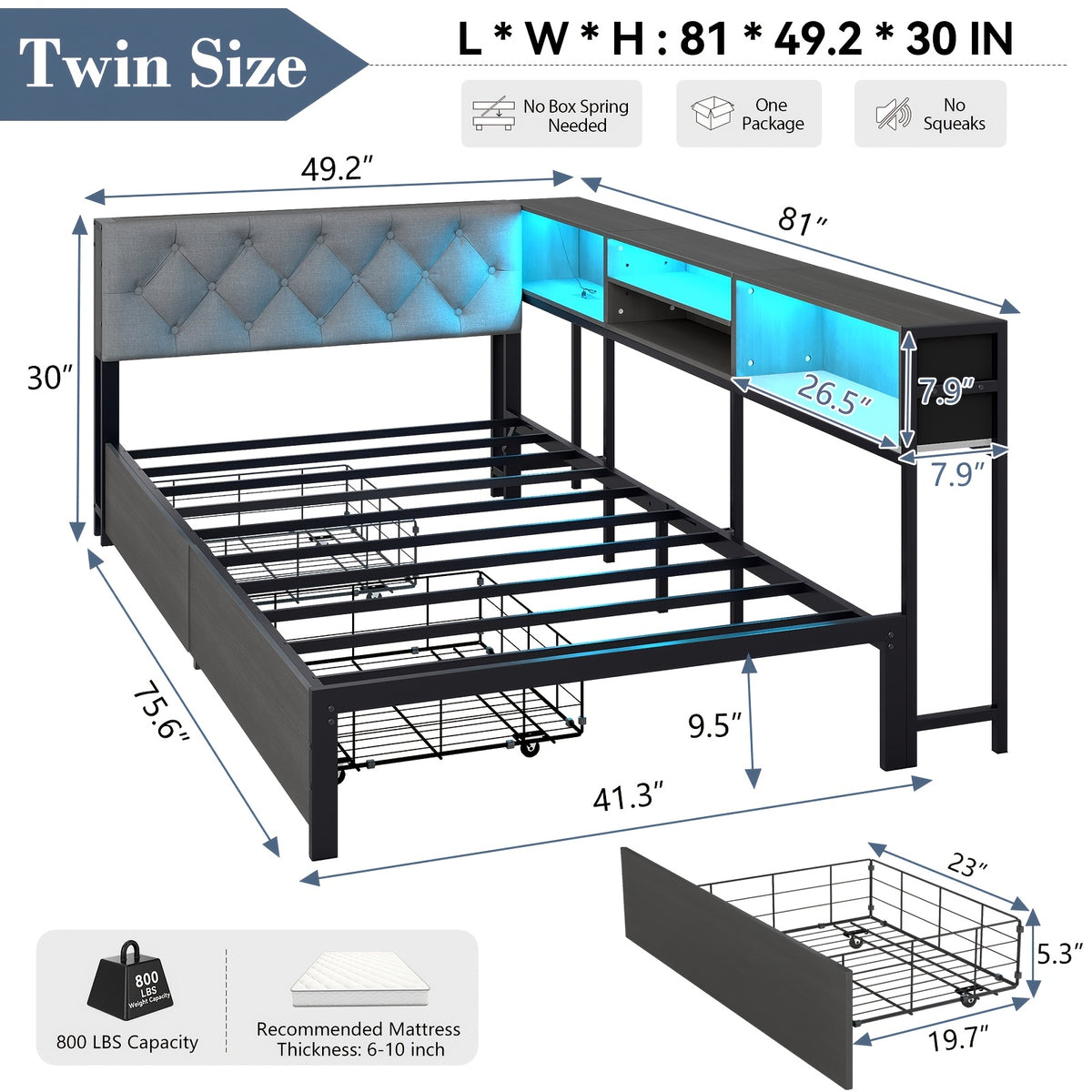 twin twin xl corner bed frame storage bookcase 2 drawers - Temu