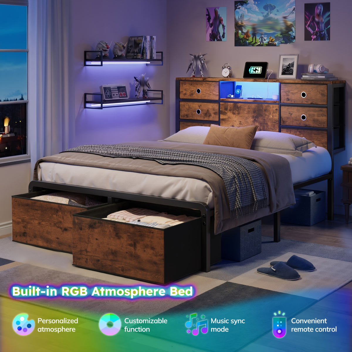 reinforced storage bed frame king queen full 8 9 drawers - Temu