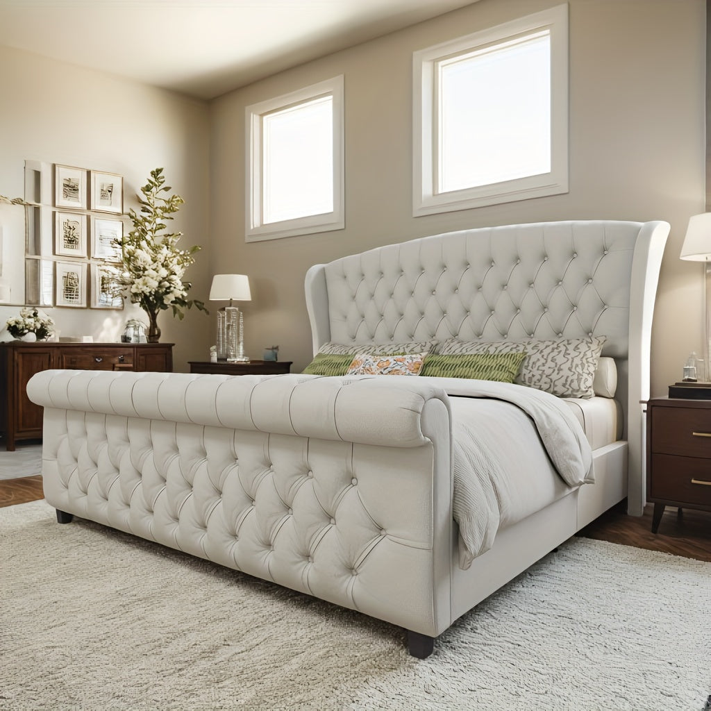 velvet upholstered platform bed frame sleigh design curved - Temu