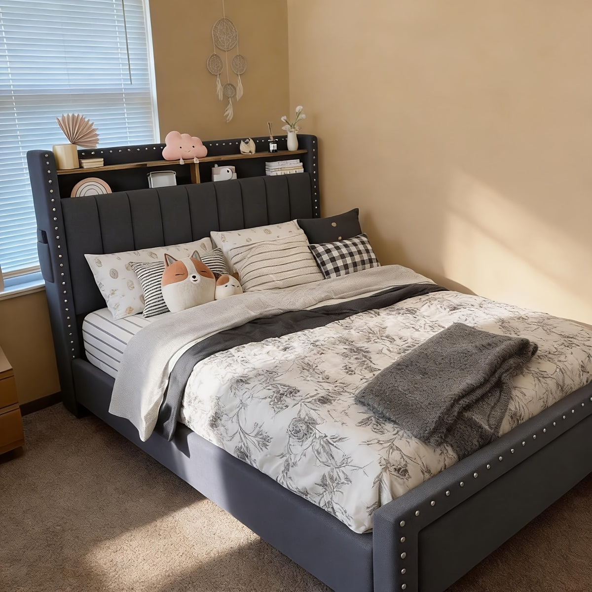 soft upholstered bed frame 2 storage drawers full queen king - Temu