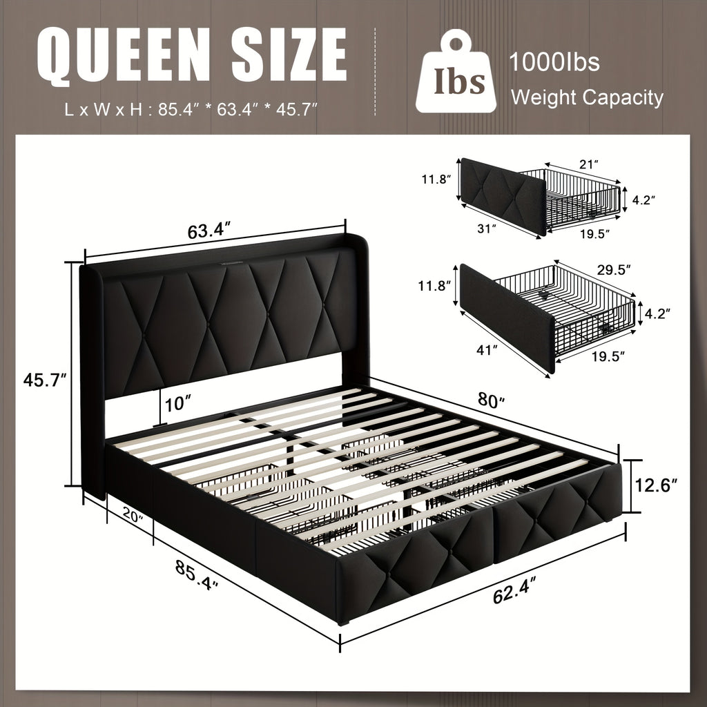 4 drawers storage bed frame wingback headboard - Temu
