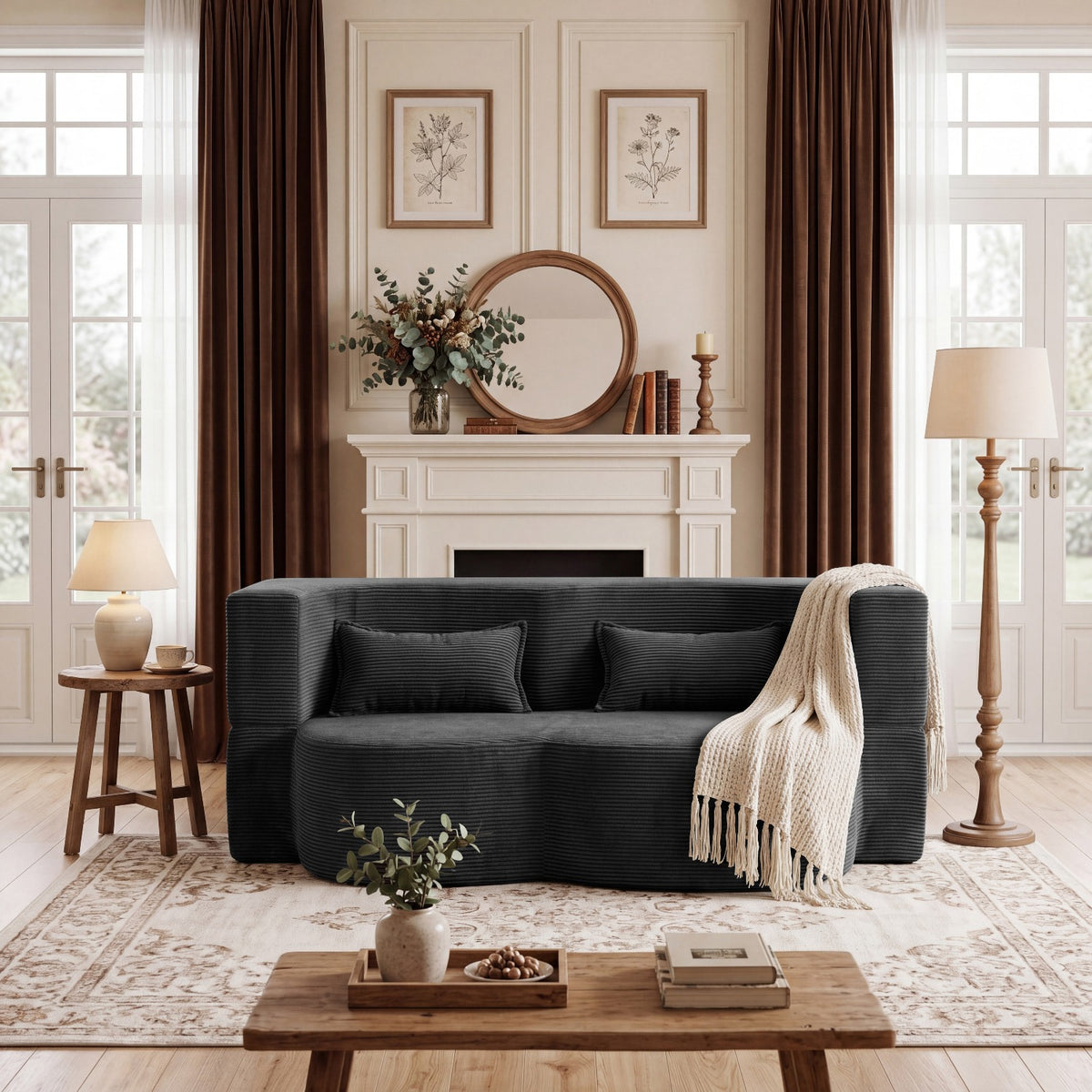 modern floor sofa 2 pillows convertible plush corduroy foam - Temu