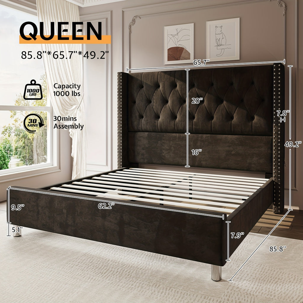 velvet upholstered bed frame wingback headboard no - Temu