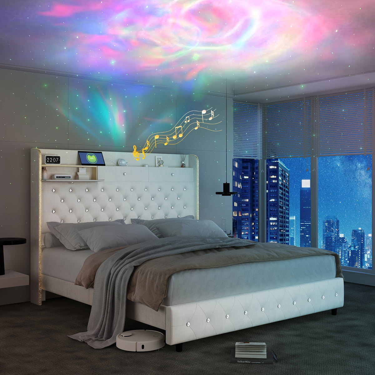 queen led bed frame galaxy   projector charging - Temu