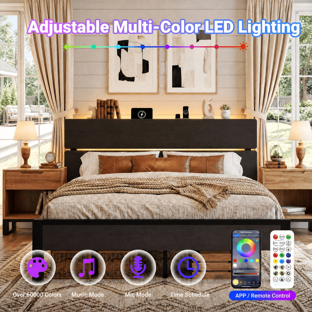 platform bed frame led lights charging station wooden - Temu