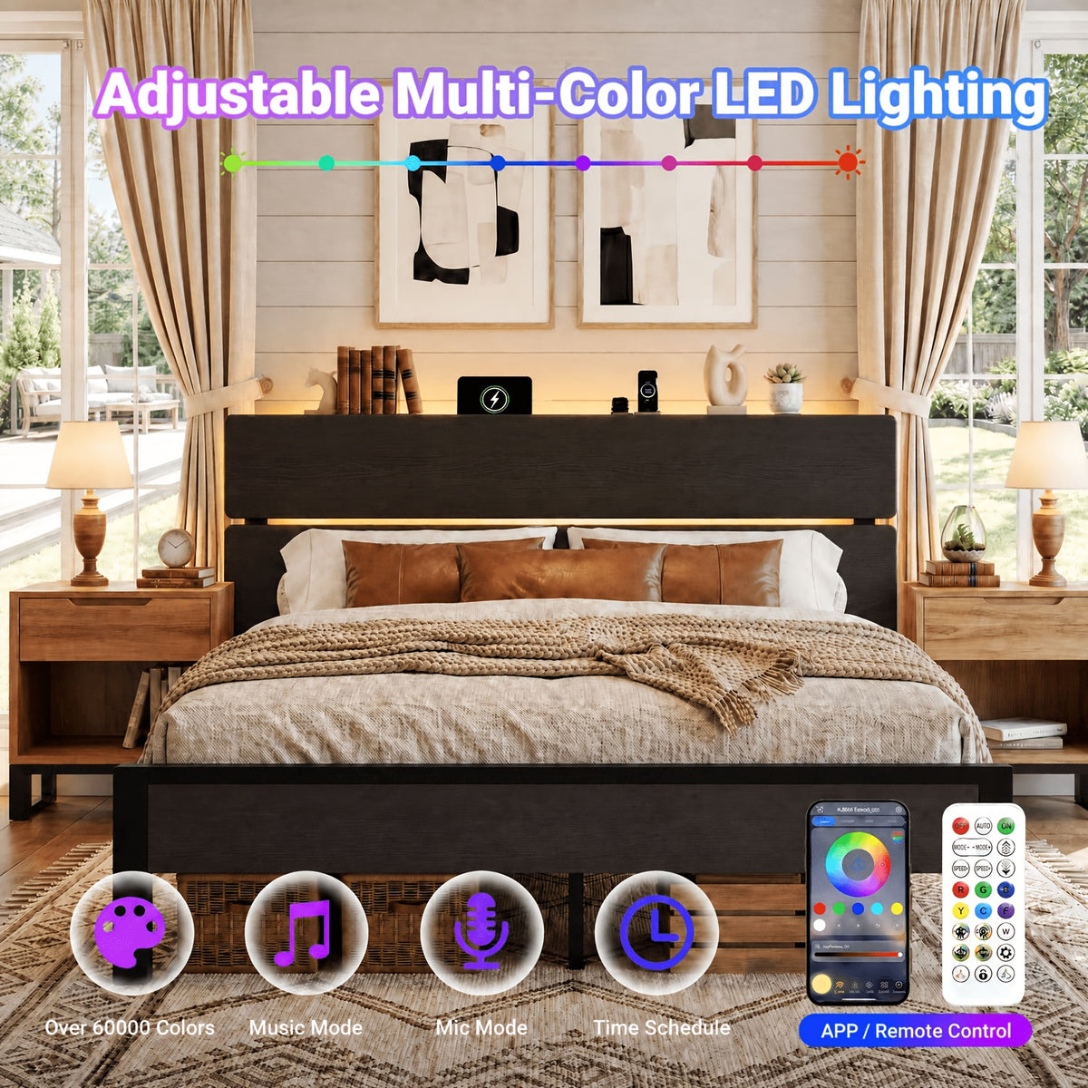platform bed frame led lights charging station wooden - Temu