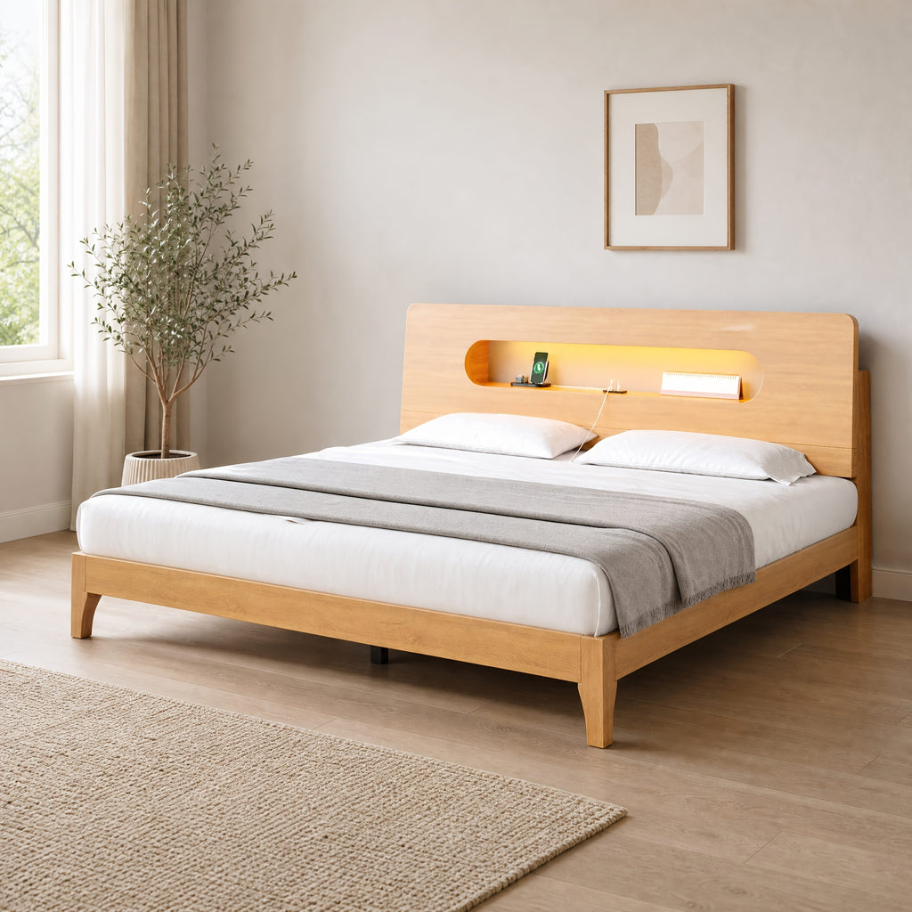 led bed frame usb charging storage shelf solid wood platform - Temu