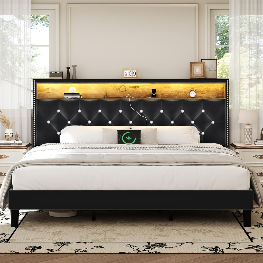 bed frame led lights velvet upholstered platform bed storage - Temu