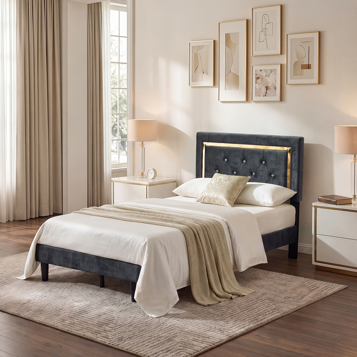 flannel upholstered platform bed frame integrated headboard - Temu