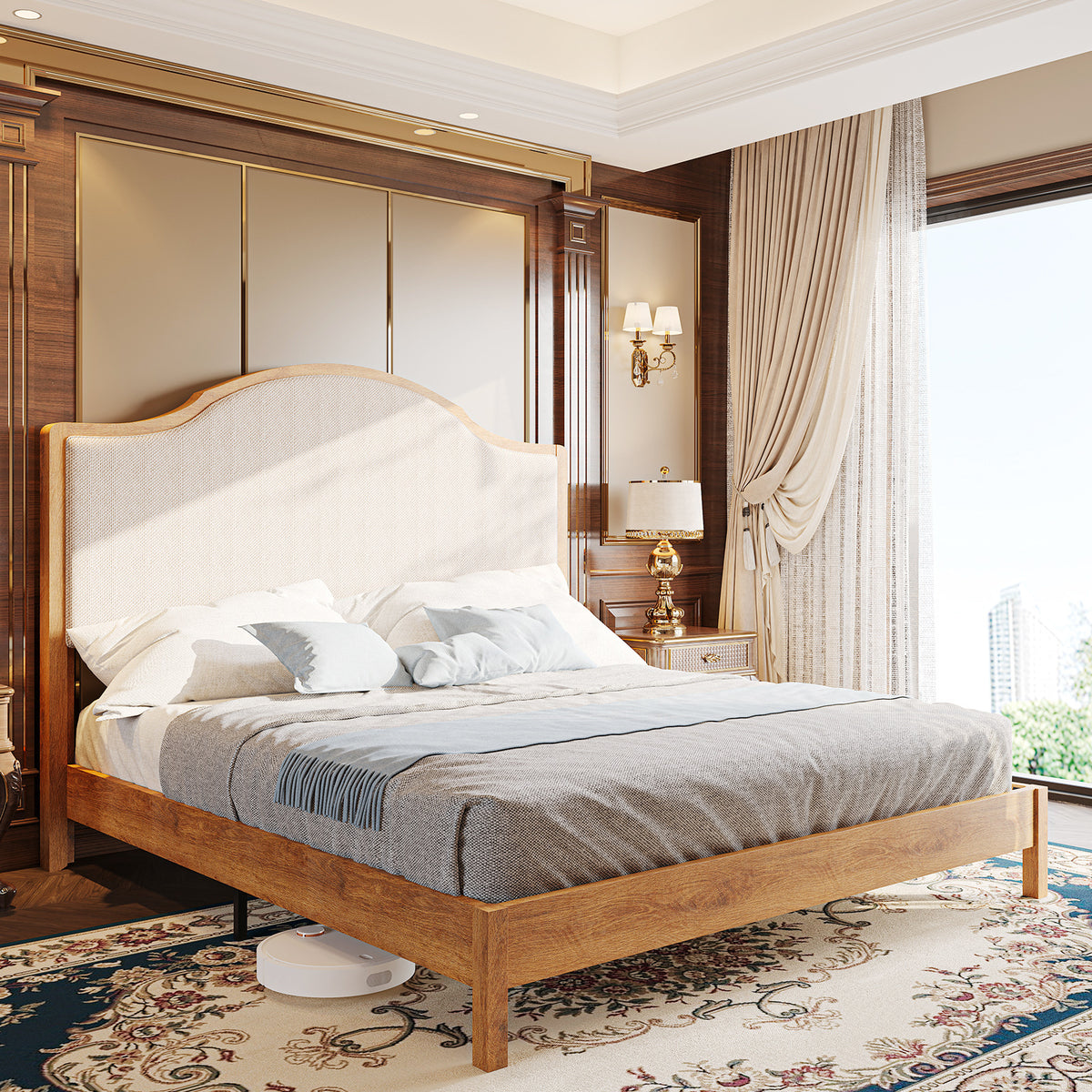 solid wood platform bed frame upholstered curved - Temu