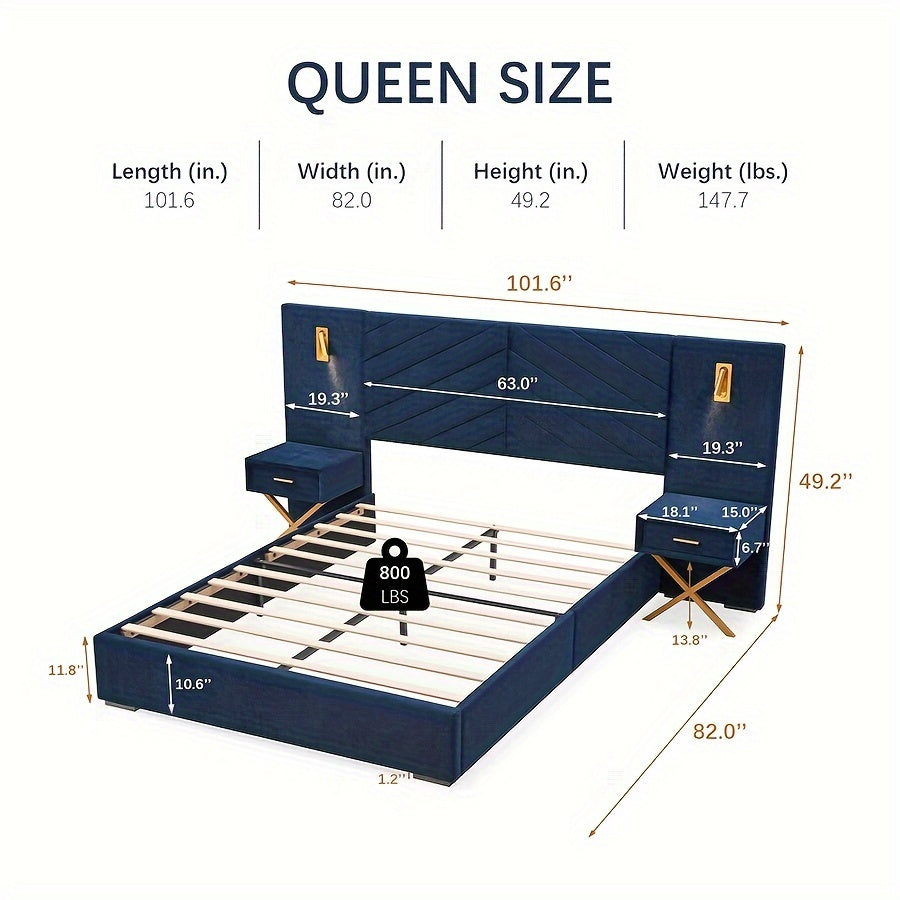 luxury king queen bed frame built in   lights - Temu
