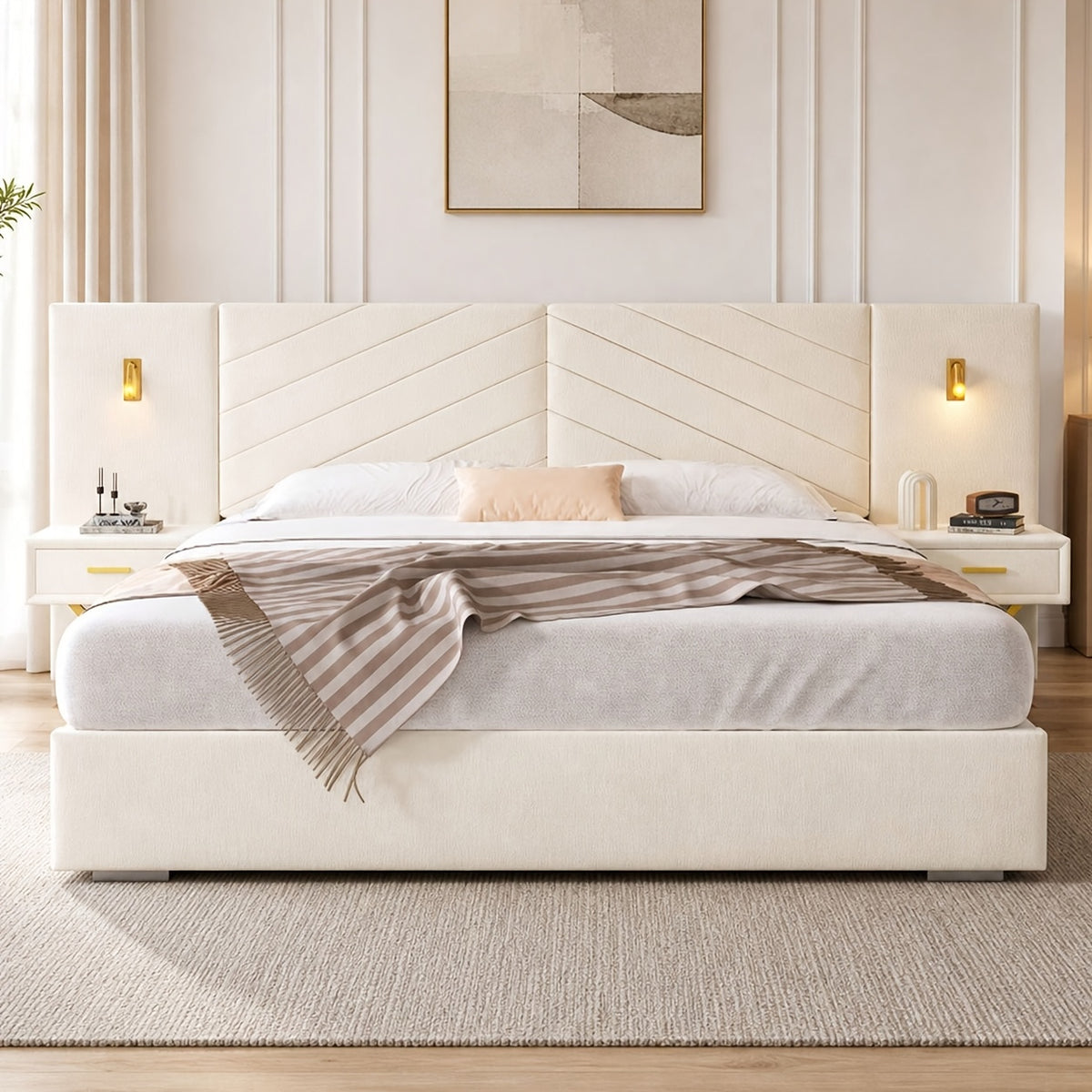 luxury king queen bed frame built in   lights - Temu