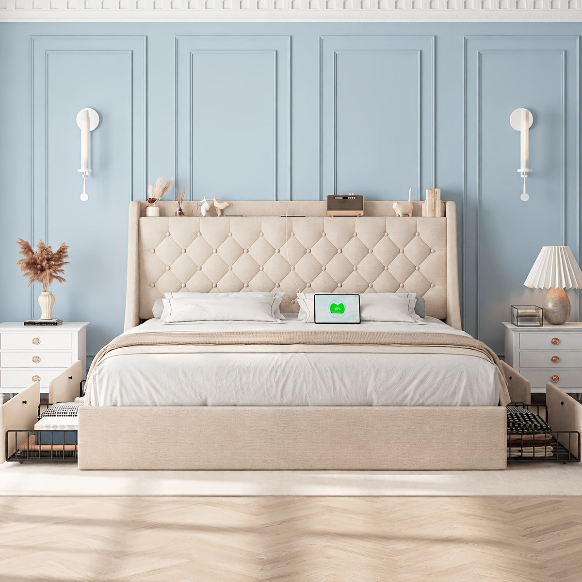bed frame charging station linen fabric storage headboard - Temu