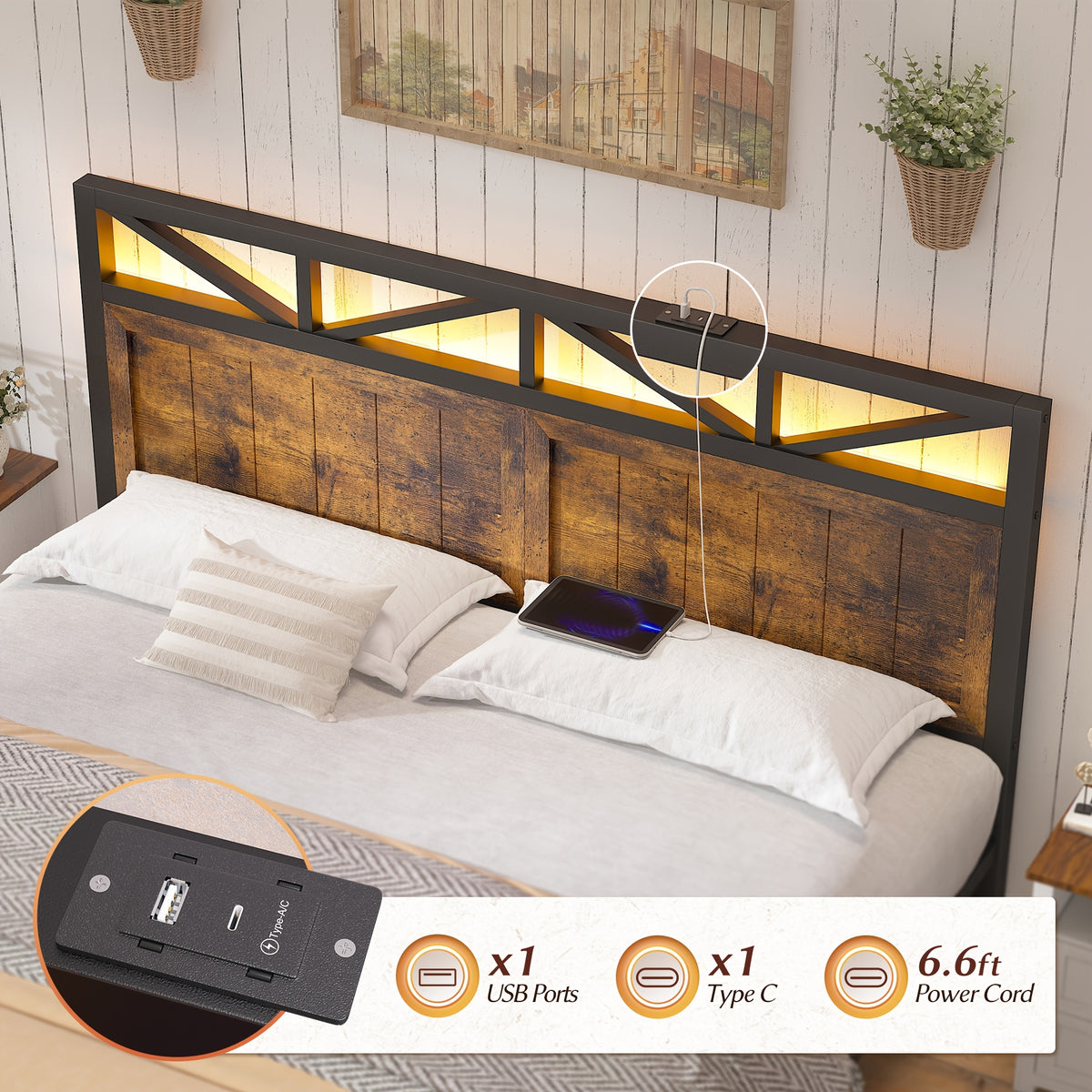 full queen king size bed frame headboard storage 2 drawers - Temu