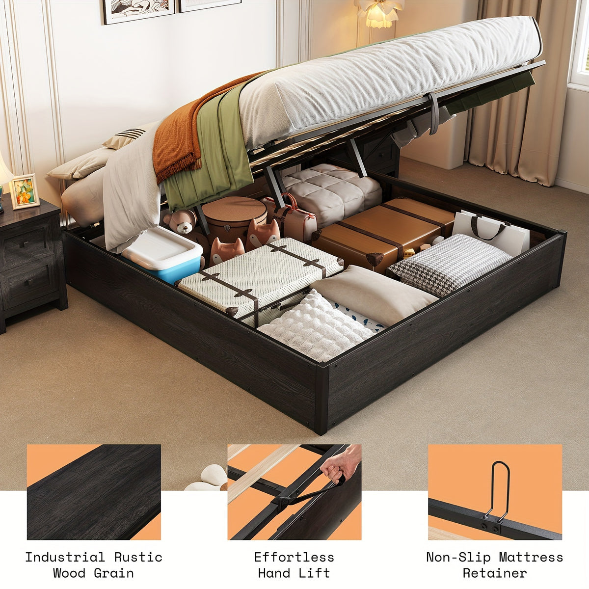 lift storage bed storage underneath wooden platform bed - Temu