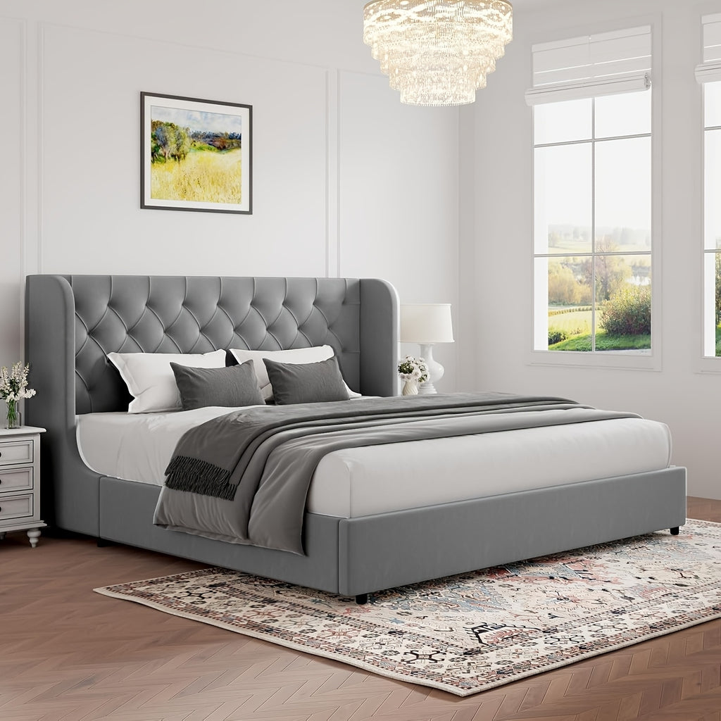 modern upholstered queen bed frame velvet headboard curved - Temu