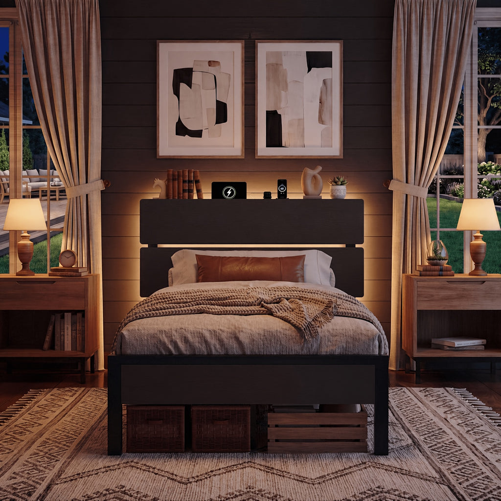 platform bed frame led lights charging station wooden - Temu