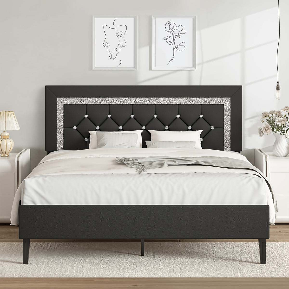 twin full queen bed frame tufted button headboard - Temu