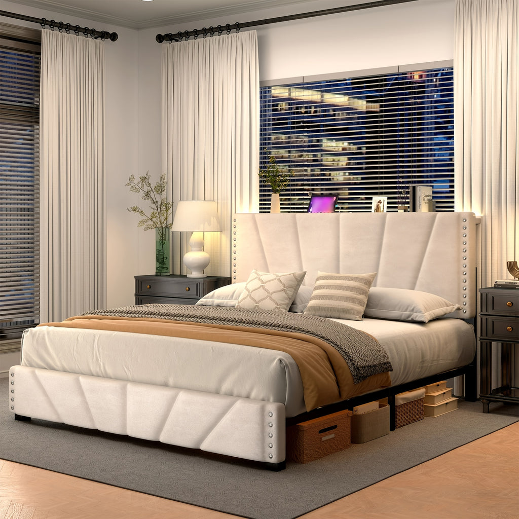 king queen size upholstered platform durable bed frame rgb - Temu